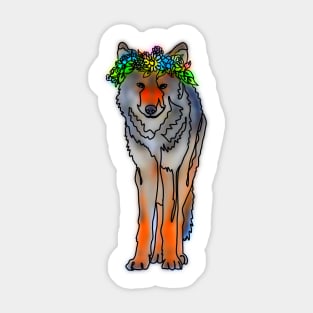 Wild Wolf with Flower Crown – Elegant Line Drawing Forestcore Art Sticker
